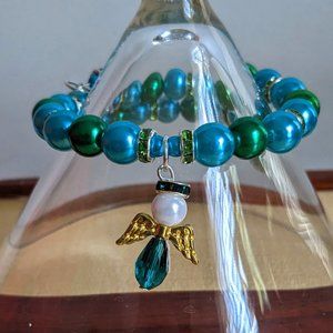 Blue and Green Angel Beaded Memory Wire Bracelet